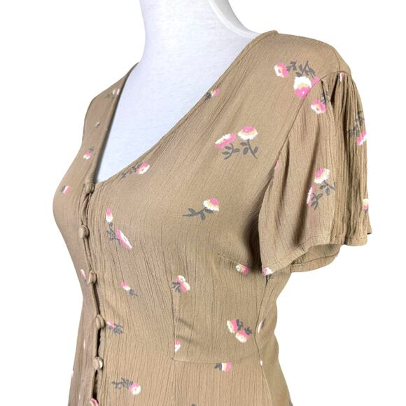 Amuse Society Yours to Keep Tan Light Brown Floral Crinkle Button Up Mini Dress - Picture 7 of 12